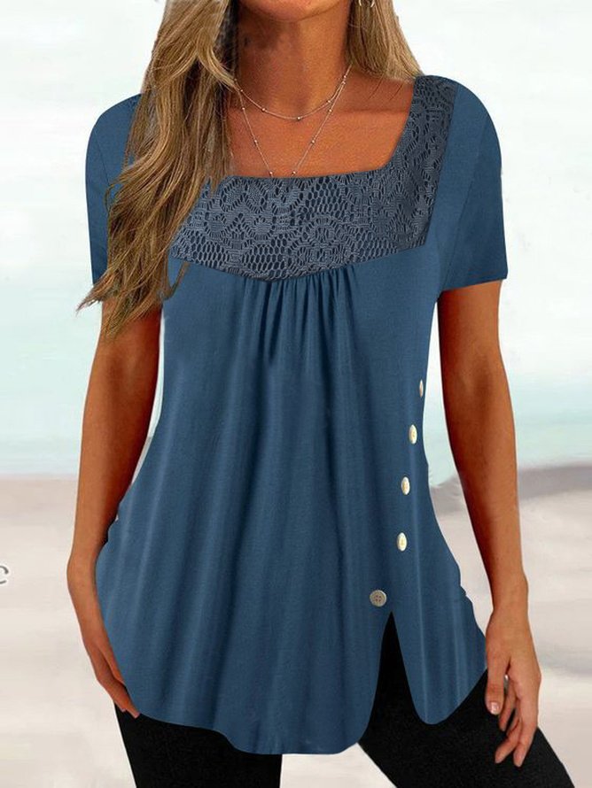 Women's Lace Square Neck Casual Loose Shirt