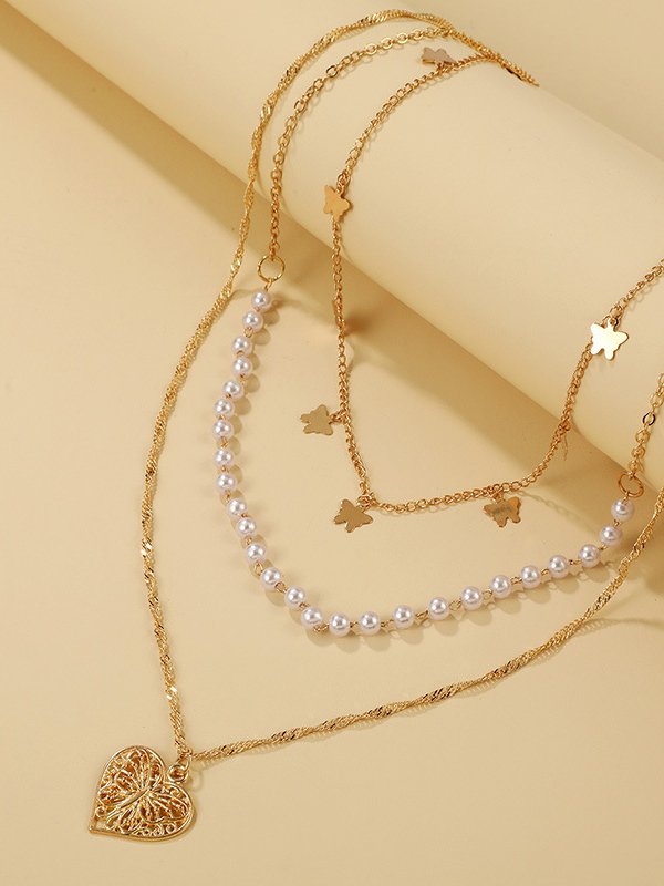 Leisure Vacation Pearl Hollow Heart Multilayer Necklace Boho Beach Jewelry