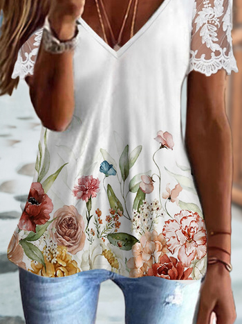 V Neck Lace Floral Casual Shirt