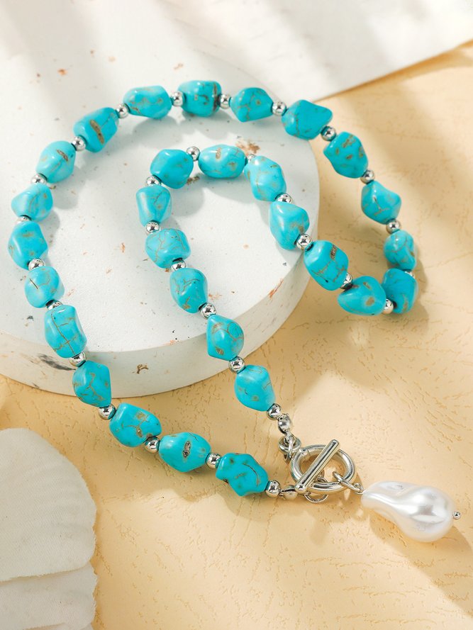 Turquoise Pearl Beaded Necklace Everyday Beach Vacations Boho Jewelry