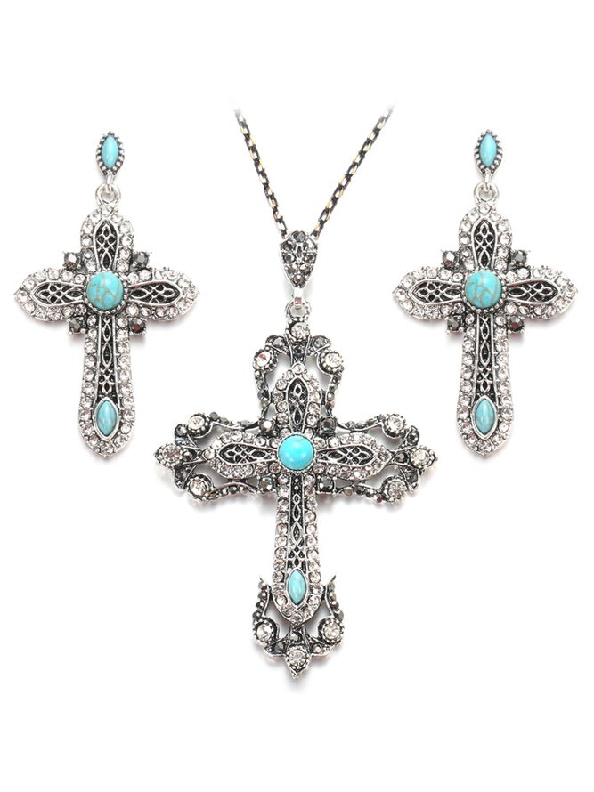Ethnic Vintage Turquoise Cross Necklace Earrings Set Boho Jewelry