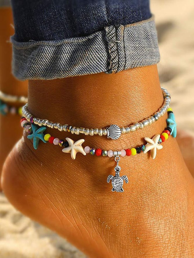 Boho Starfish Turtle Multilayer Anklet Holiday Beach Jewelry