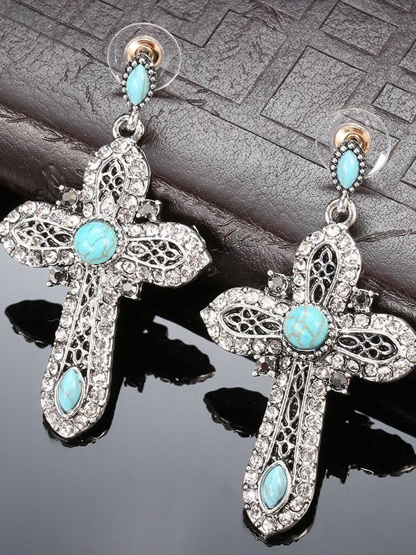 Ethnic Vintage Turquoise Cross Necklace Earrings Set Boho Jewelry
