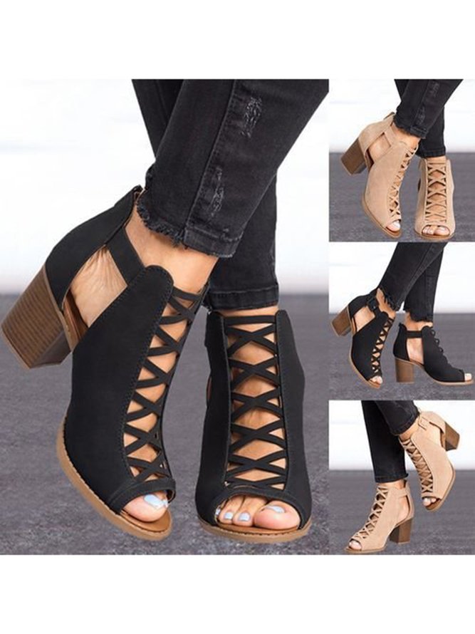 Urban Commuting Simple Hollow Cross Thin Straps Thick-heeled Sandals And Boots