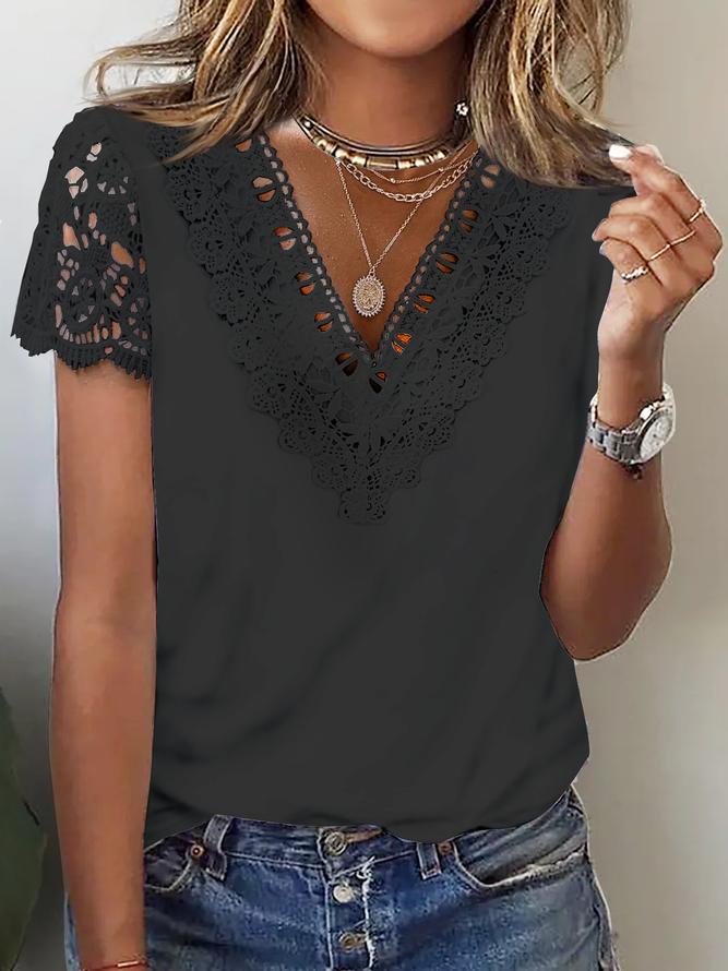 Women's Lace Casual V Neck Loose T-Shirt
