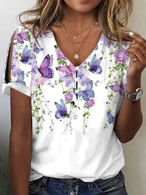 Loose Butterfly Casual V Neck T-Shirt