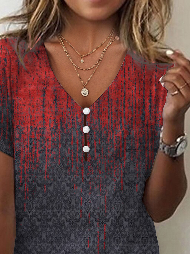 Casual V Neck Ethnic Buckle T-Shirt