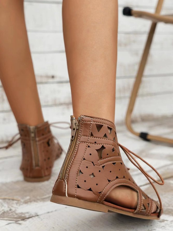 Vintage Hollow out Sandals Boots with Back Zip