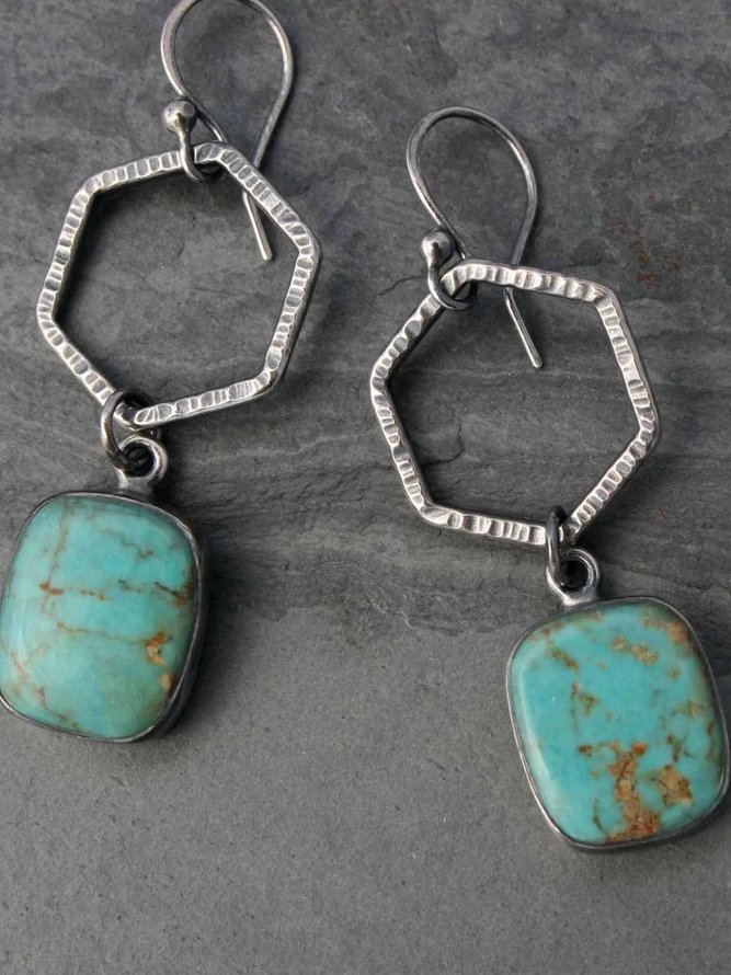Natural Turquoise Geometric Drop Earrings Vintage Everyday Jewelry