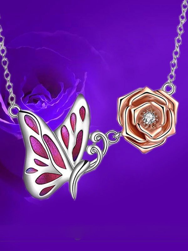 3D Butterfly Rose Pattern Pendant Necklace Casual Elegance Wedding Women Jewelry