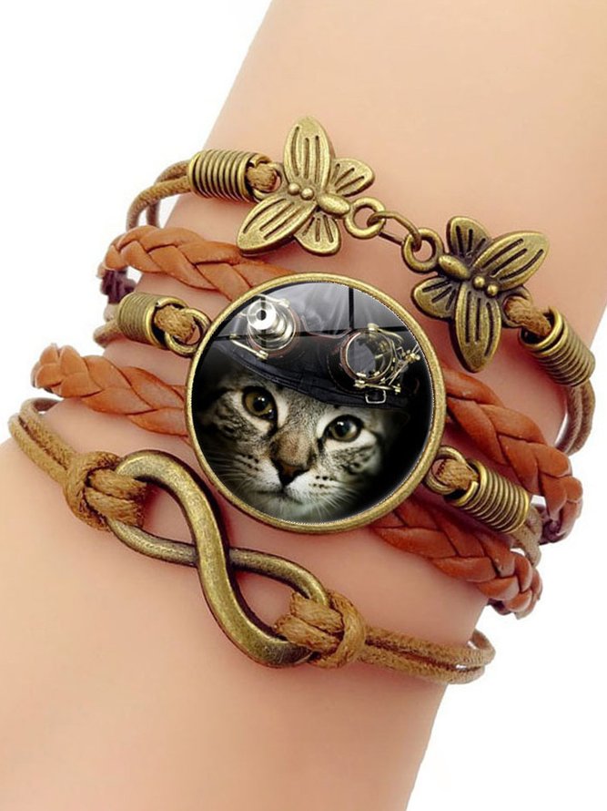 Casual Time Stone Cat Pattern Leather Multilayer Bracelet Fashion Women Jewelry