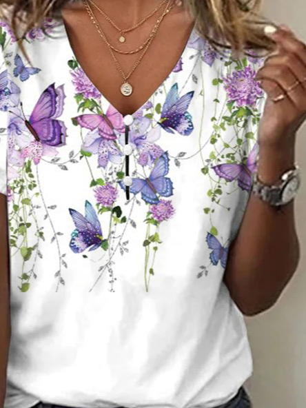 Loose Butterfly Casual V Neck T-Shirt