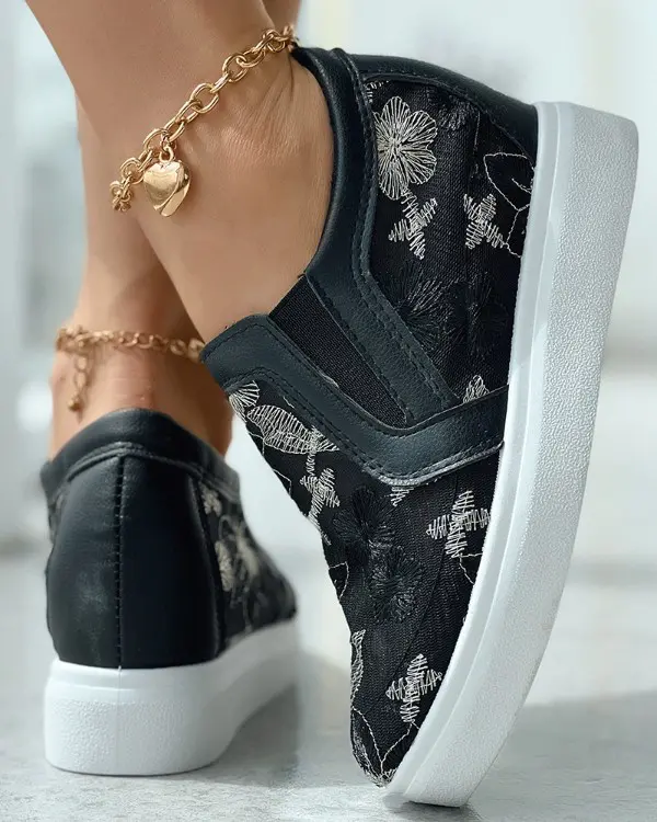Floral Embroidered Mesh Panel Hidden Height Increase Shoes