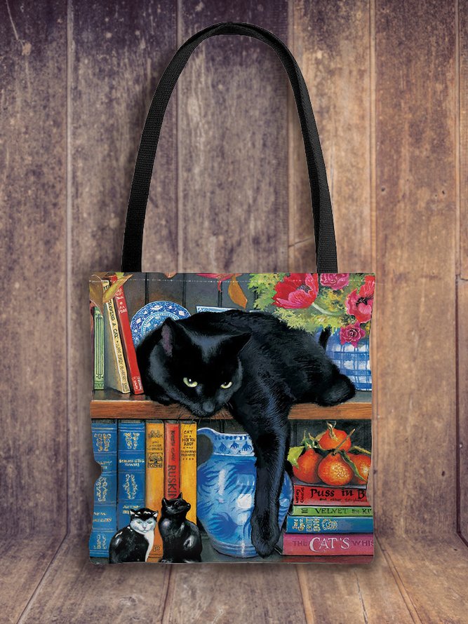 Black Cat Abstract Painting Linen Canvas Tote Bag Shoulder Environmentally Friendly Biodegradable