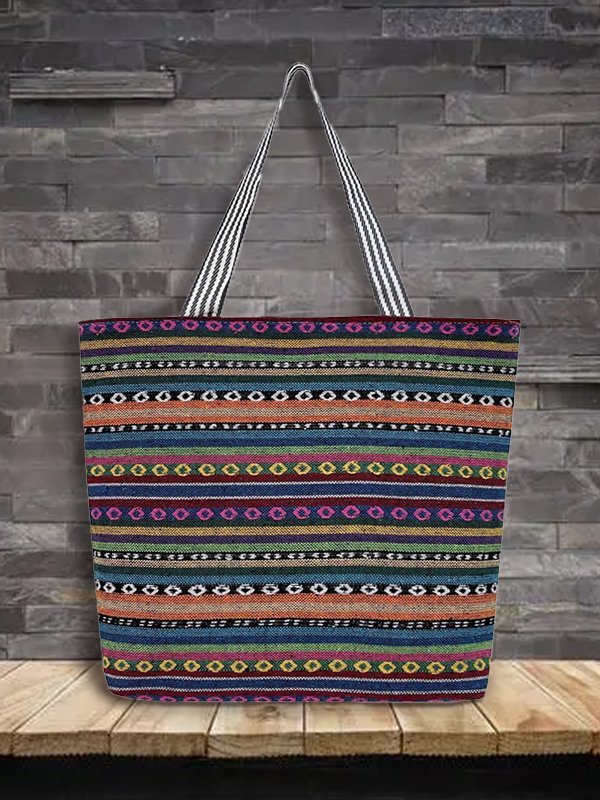Ethnic Striped Printing Nylon Women's Shoulder Tote Bag