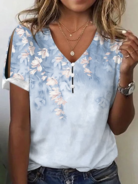 T-shirts For Women Casual Floral V Neck