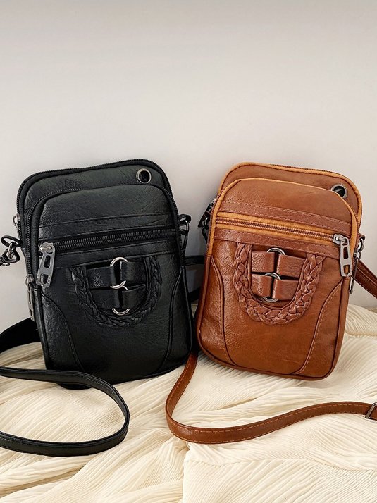 Antique Soft Leather Zip Multi Pocket One Shoulder Crossbody Bag