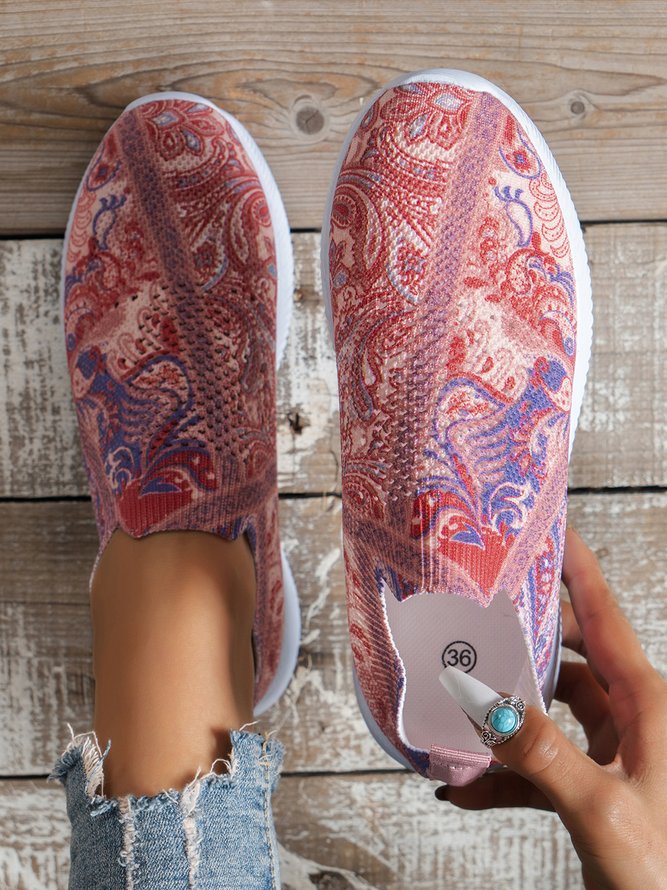 Dark Pink Ethnic Pattern Breathable Slip On Flyknit Sneakers