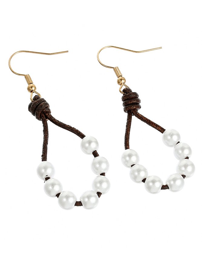Casual Leather Beaded Pearl Drop Earrings Western Style Vintage Ethnic Jewelry