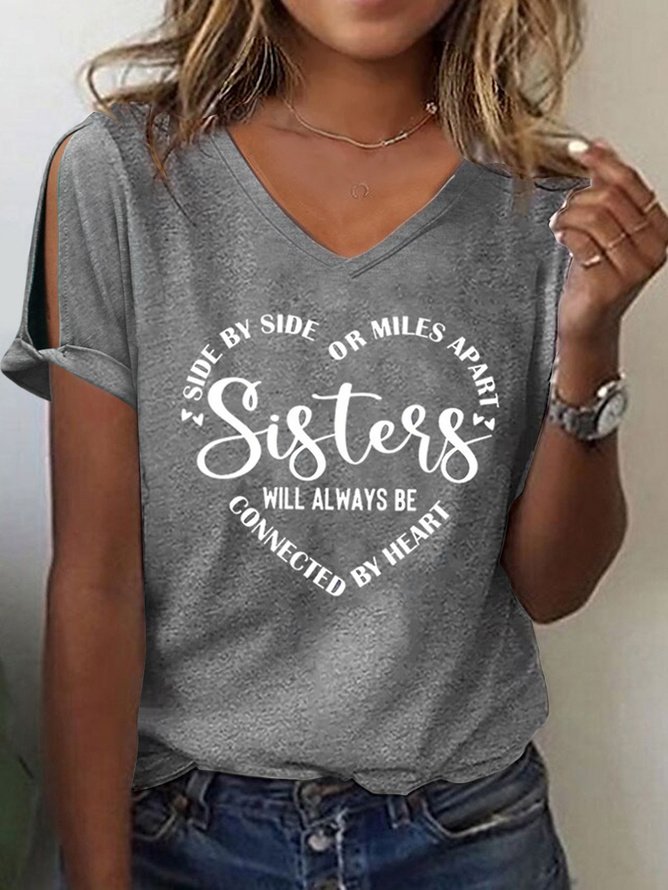 Women's Sister Text Letters Casual V Neck Loose T-Shirt