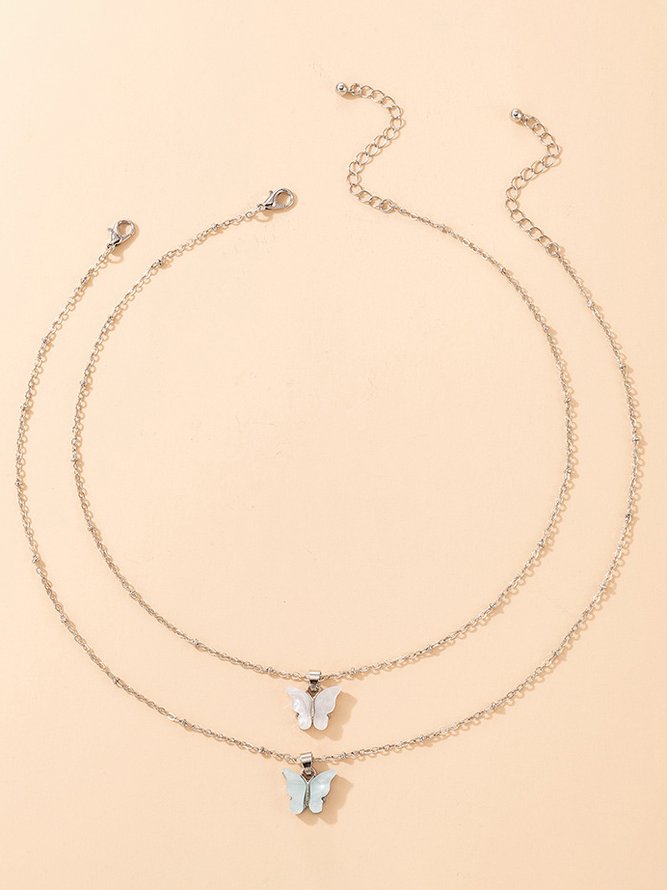 Casual Silver Crystal Butterfly Multilayer Necklace Urban Daily Versatile Jewelry