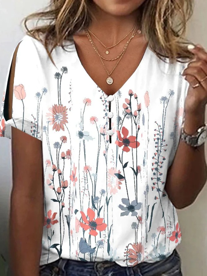 Women's Buttoned Knitted Floral Casual T-Shirt