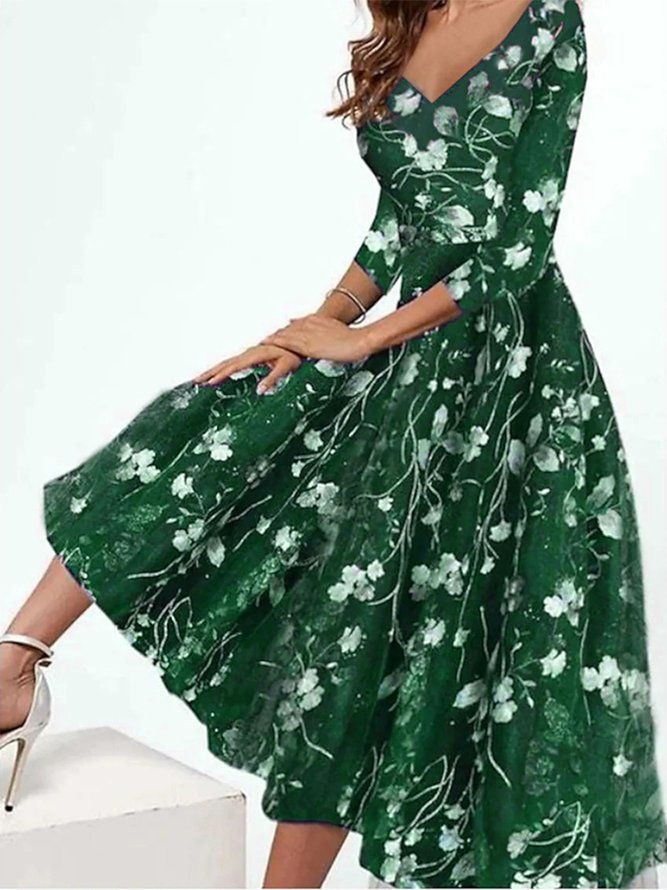 Women's Maxi Dress Floral Swing Dress Elegant V Neck