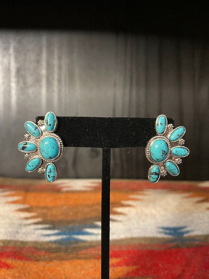 Turquoise Metal Distressed Earrings Ethnic Vintage Women's Jewelry