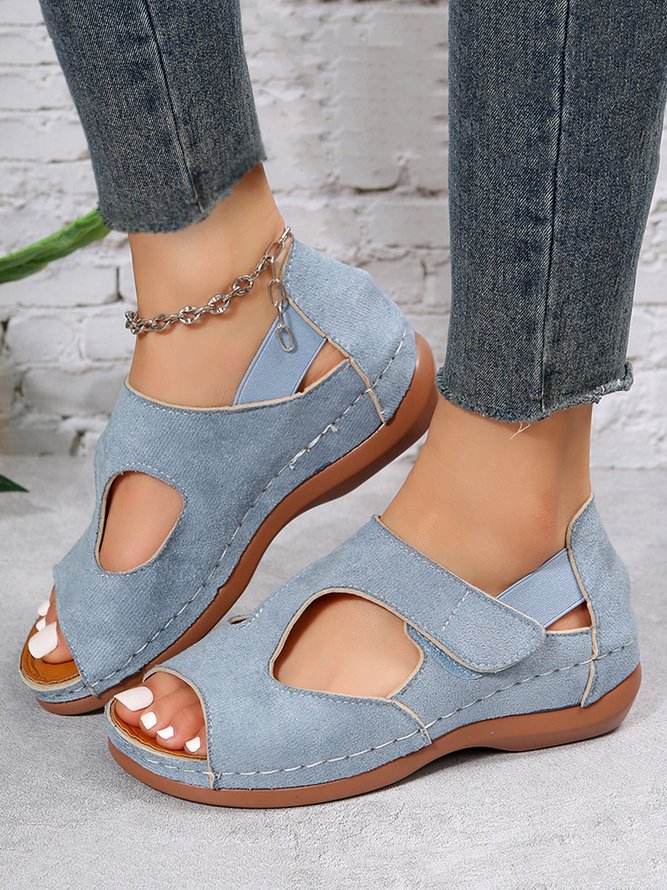 Hollow out Hook and Loop Wedge Heel Sandals