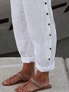 ANNIECLOTH Buttoned Linen Loose Plain Pants