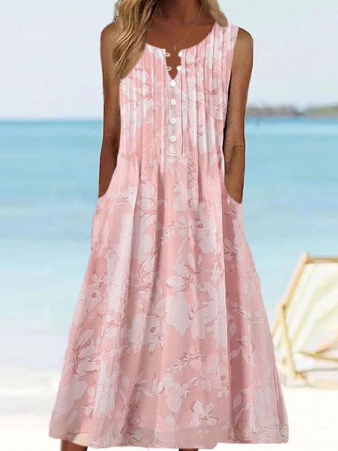 V Neck Buttoned Floral Vacation Dress