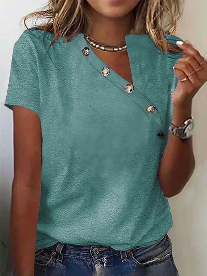 Women's Asymmetrical Collar Buttoned Casual T-Shirt