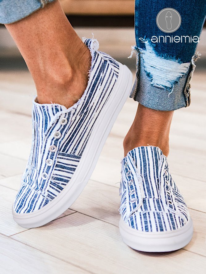 Blue Striped Casual Slip On Canvas Shoes