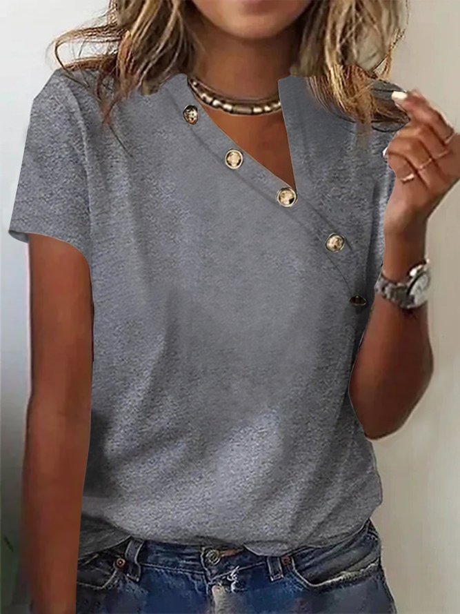 Women's Asymmetrical Collar Buttoned Casual T-Shirt