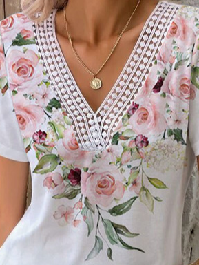 Floral Casual V Neck Lace T-Shirt