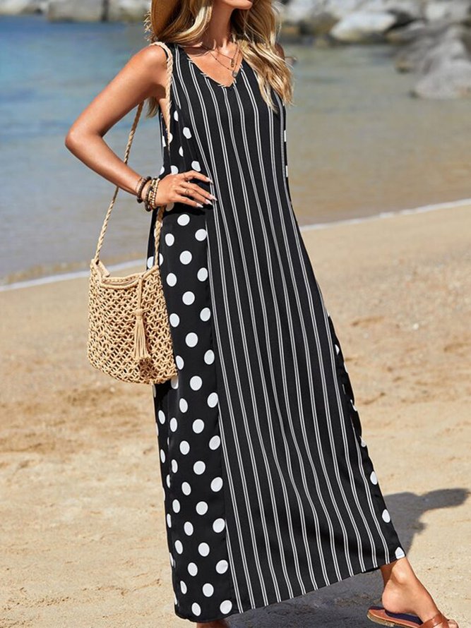 Women's resort polka Dot striped sleeveless vest summer dress