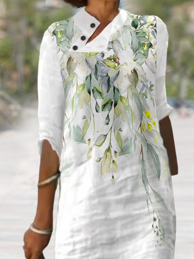 Loose Vacation Linen Floral Dress