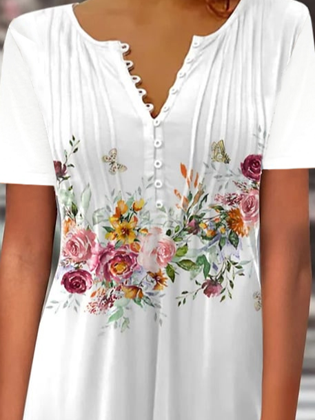 Women T-shirts V Neck White Floral Printing
