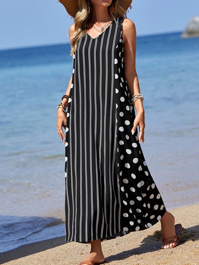 Women's resort polka Dot striped sleeveless vest summer dress