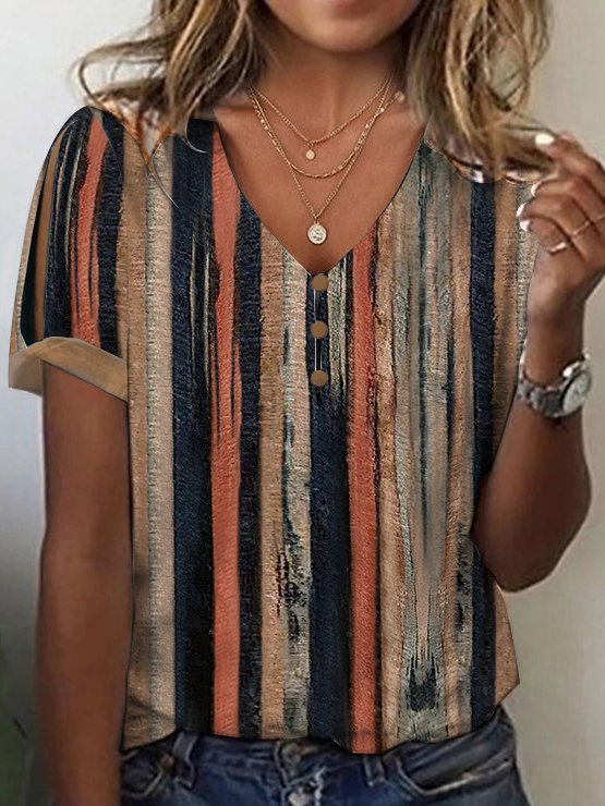 Striped Knitted V Neck Casual Shirt