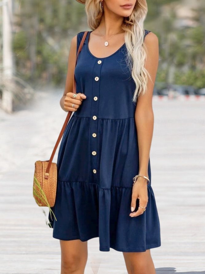 Loose Casual Crew Neck Solid Button Smock Dress