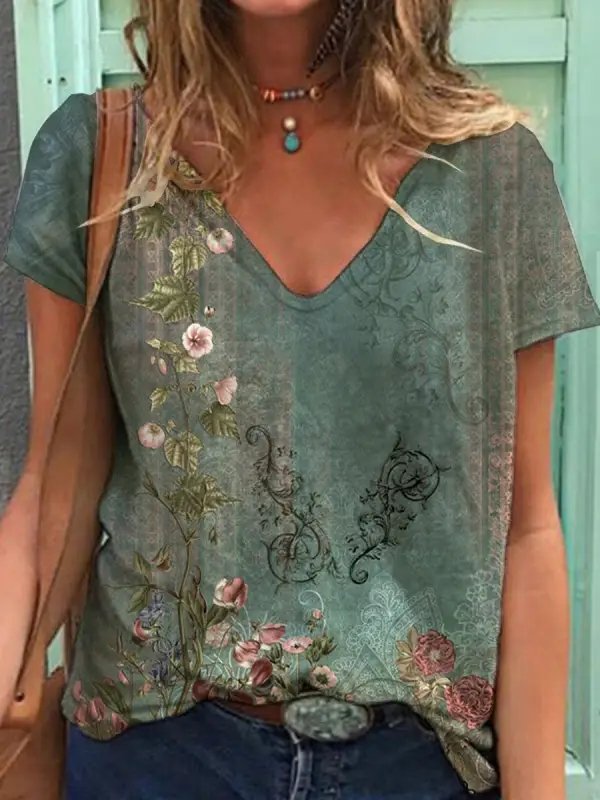 Ethnic Loose V Neck Casual T-Shirt