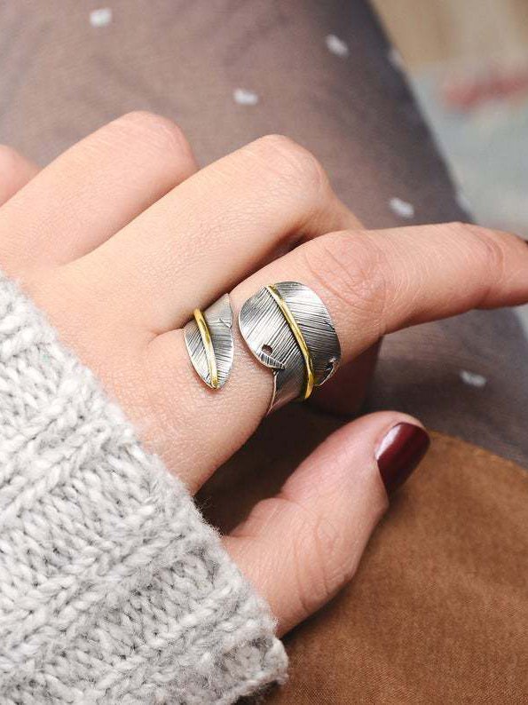 Ethnic Style Silver Feather Shape Open Ring Female Vintage Jewelry