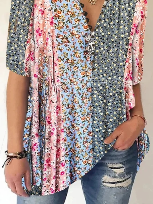 Women's Loose Floral V Neck Casual Shirt