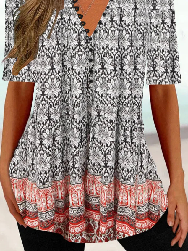 Casual Ethnic Buckle V Neck  Shirt