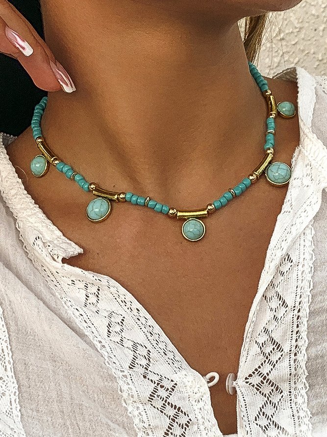 Ethnic Style Natural Turquoise Beaded Pendant Necklace Women Jewelry