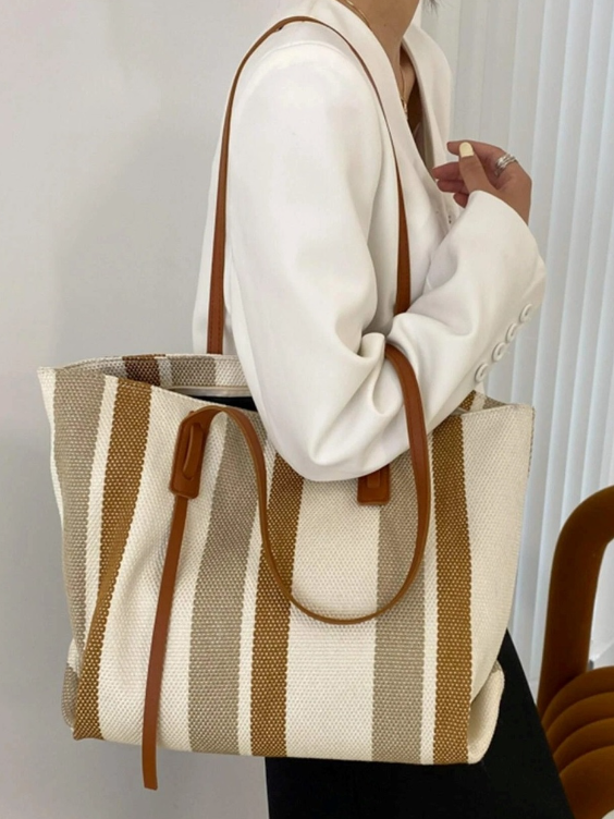 Casual Two-tone Striped Leather Shoulder Bag
