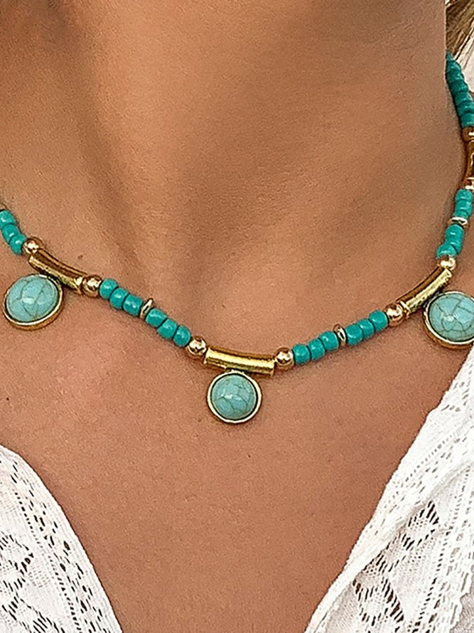 Ethnic Style Natural Turquoise Beaded Pendant Necklace Women Jewelry