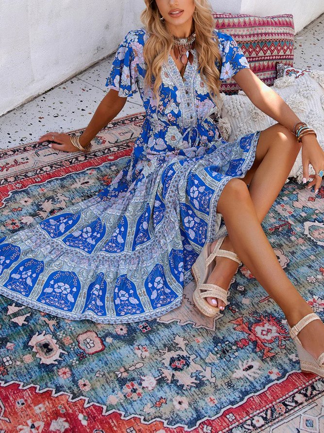 Vacation  Loose Blue Floral Print Buttoned V Neck Drawstring High Waist Maxi Dress