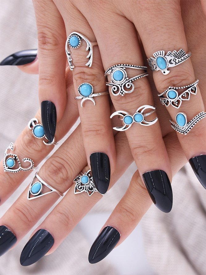 11Pcs Ethnic Silver Turquoise Vintage Ring Set Vacation Beach Women Jewelry